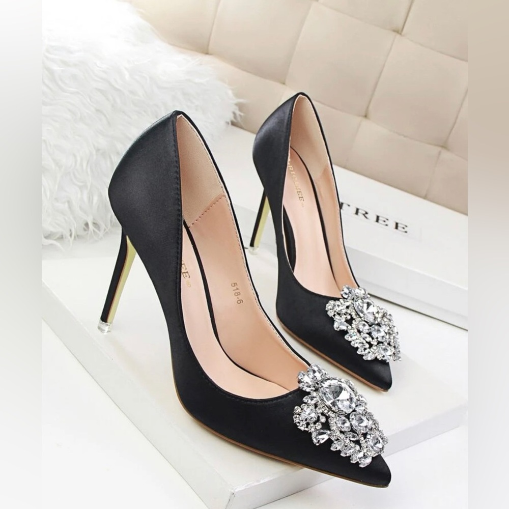 Rhinestone Decor Satin Stiletto Court Heels